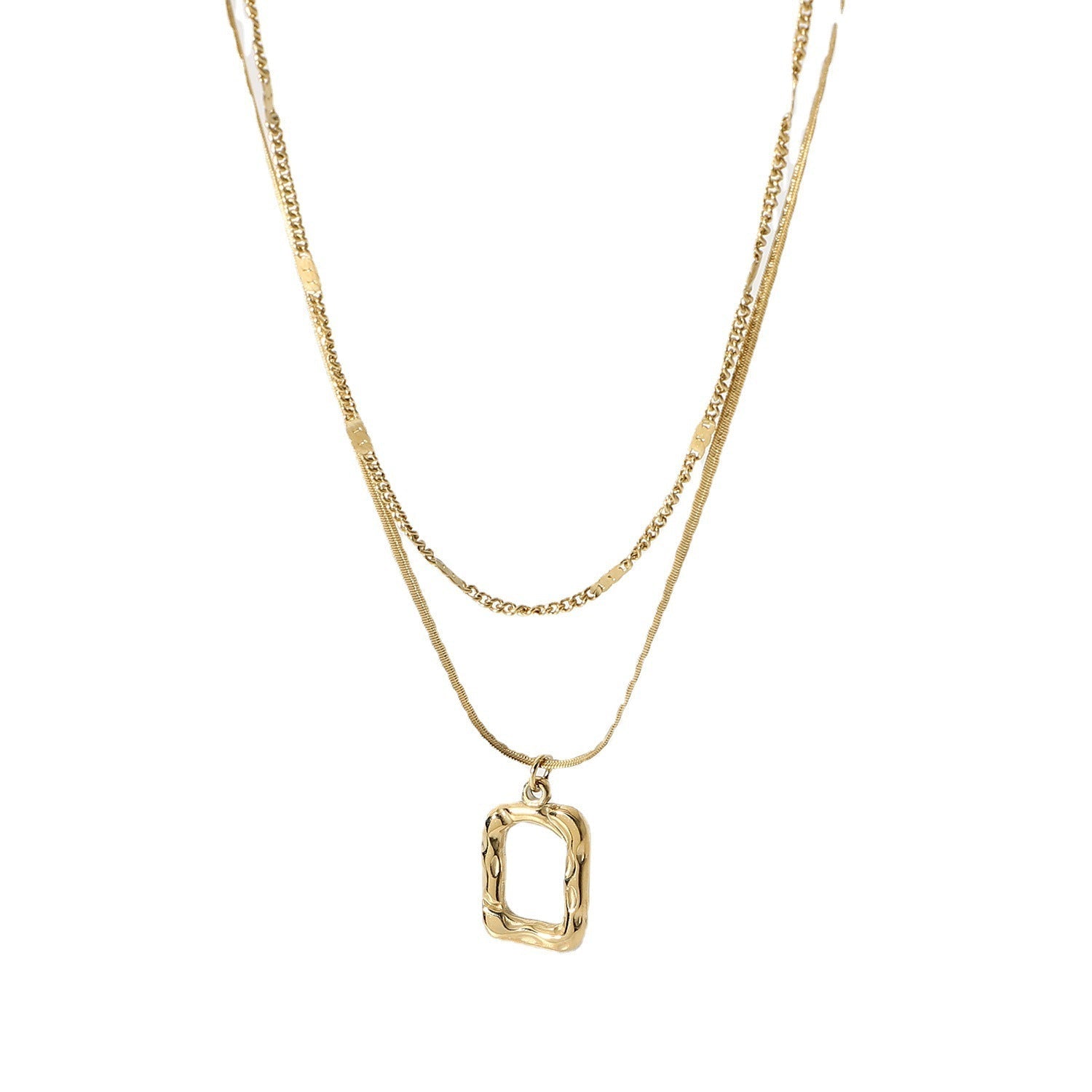 Double Hammered Hollow Square Pendant Necklace - LOMEO