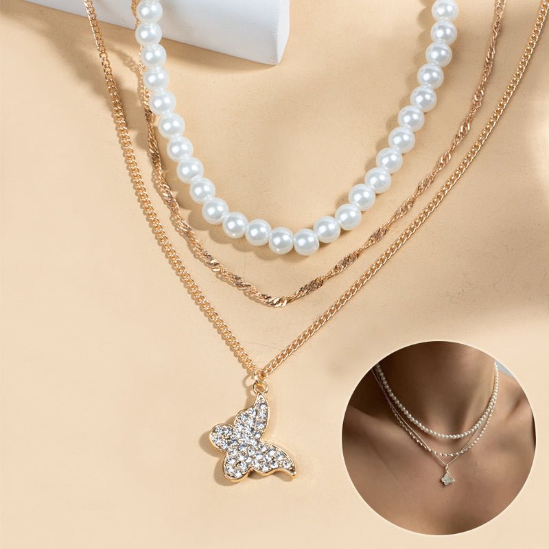 Exquisite Butterfly Multi - layer Pearl Pendant Necklace Set - LOMEO