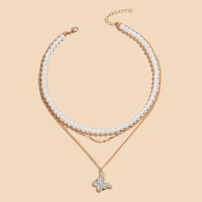 Exquisite Butterfly Multi - layer Pearl Pendant Necklace Set - LOMEO