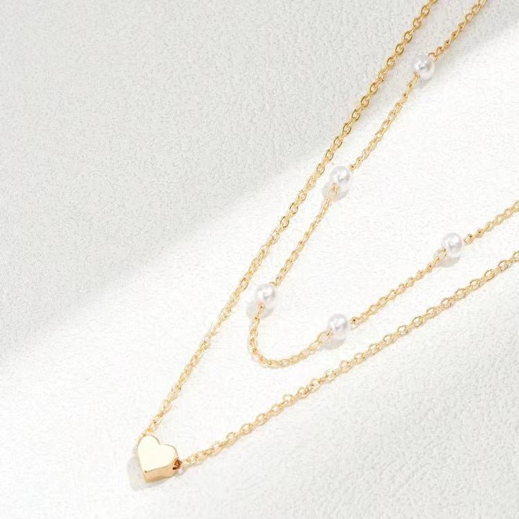 ハート型ペアパールダブルレイヤーネックレス - LOMEO