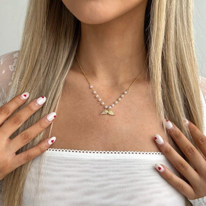 Zircon Angel Wings Necklace Pearl Necklace - LOMEO
