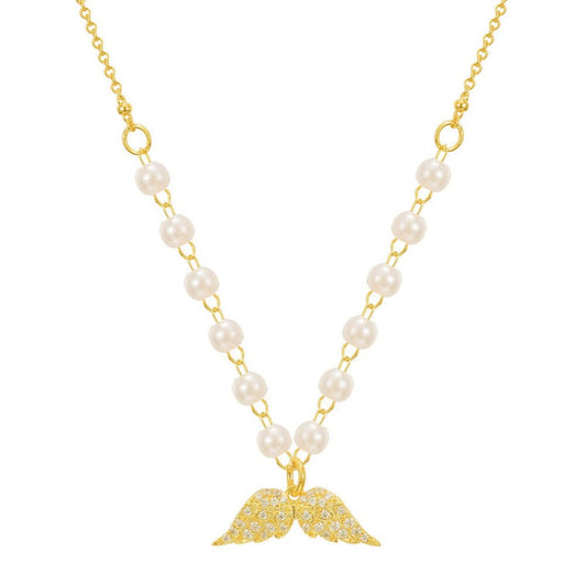 Zircon Angel Wings Necklace Pearl Necklace - LOMEO